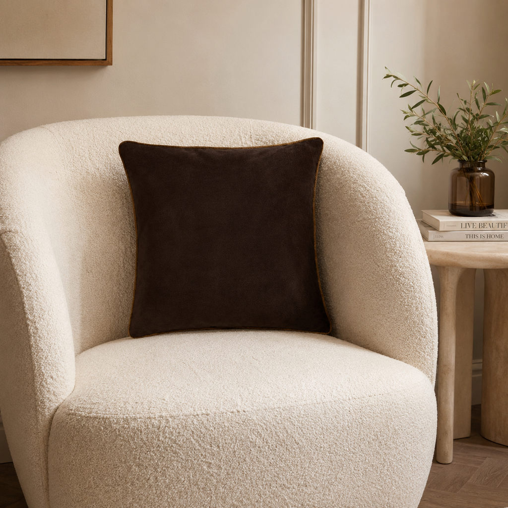Cream bouclé armchair with dark brown velvet cushion, modern living room decor