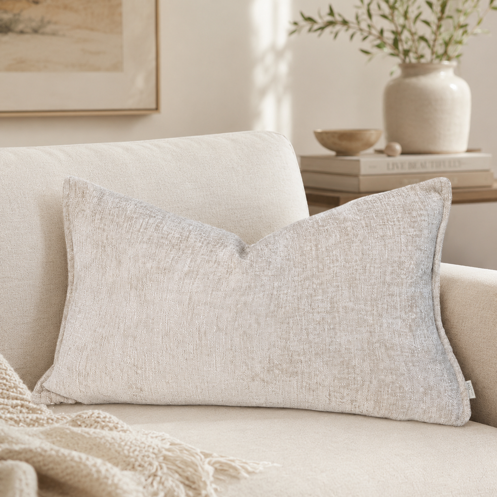 Beige textured lumbar pillow on luxury sofa, cozy living room decor with neutral tones