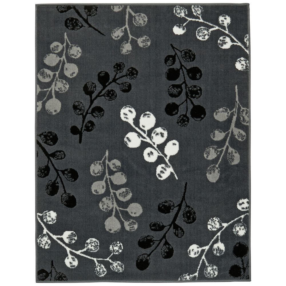 Gray area rug with black and white berry branch pattern for modern living room decor