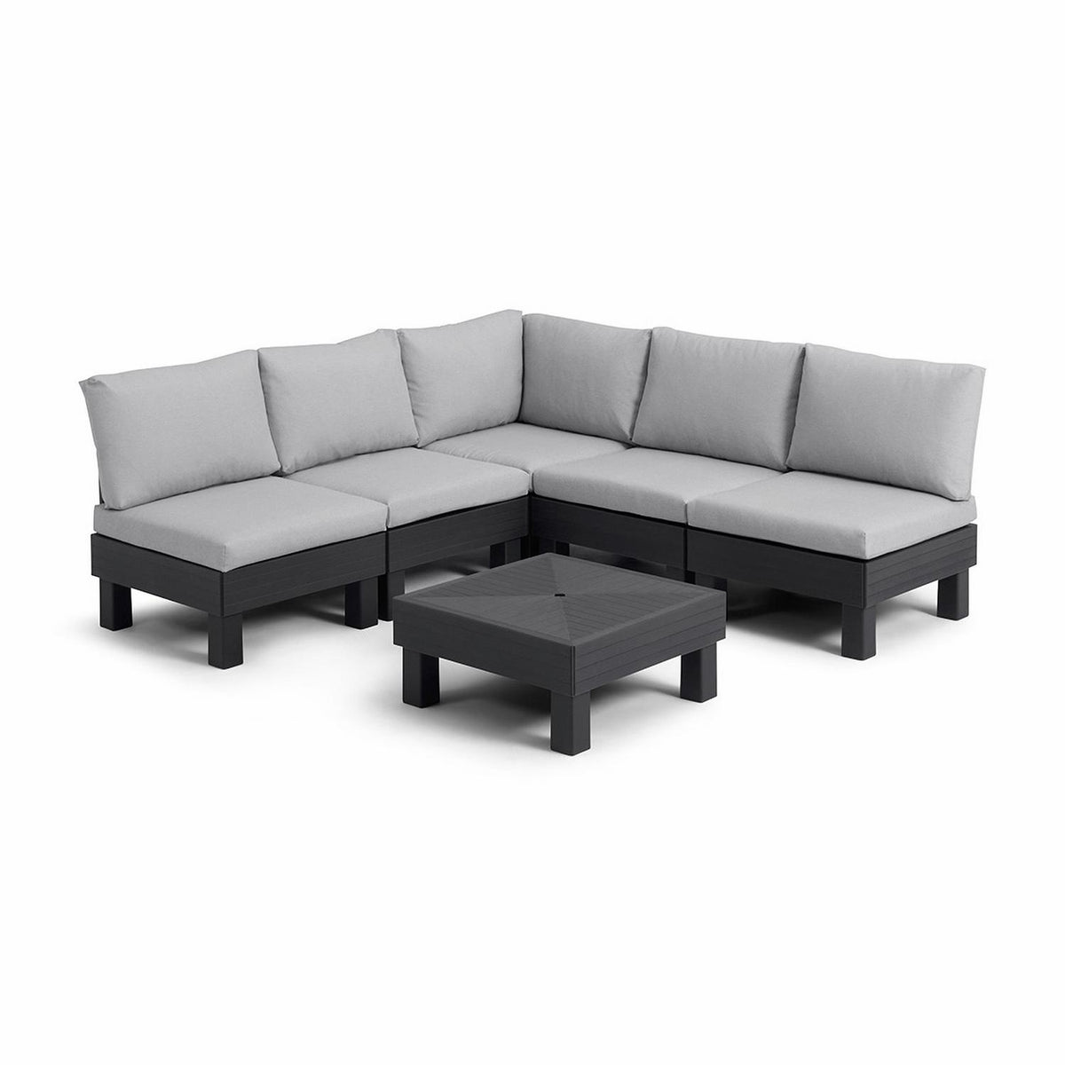 Modular outdoor sectional sofa with gray cushions and black frame, includes matching coffee table