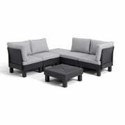 Modern outdoor sectional sofa with gray cushions and matching coffee table for patio or garden use