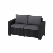 Black wicker outdoor sofa with grey cushions, perfect for patio or garden seating