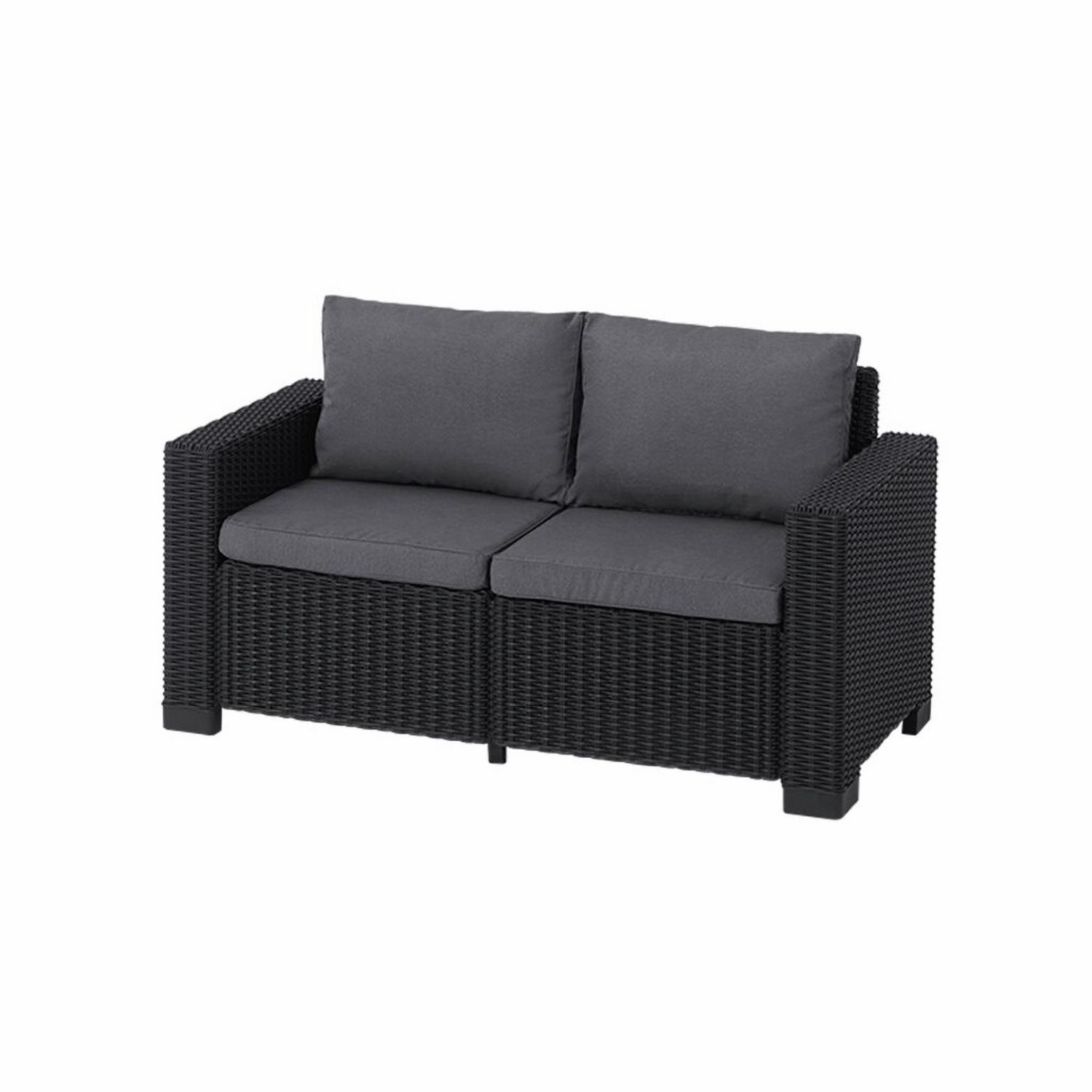 Black wicker outdoor sofa with grey cushions, perfect for patio or garden seating