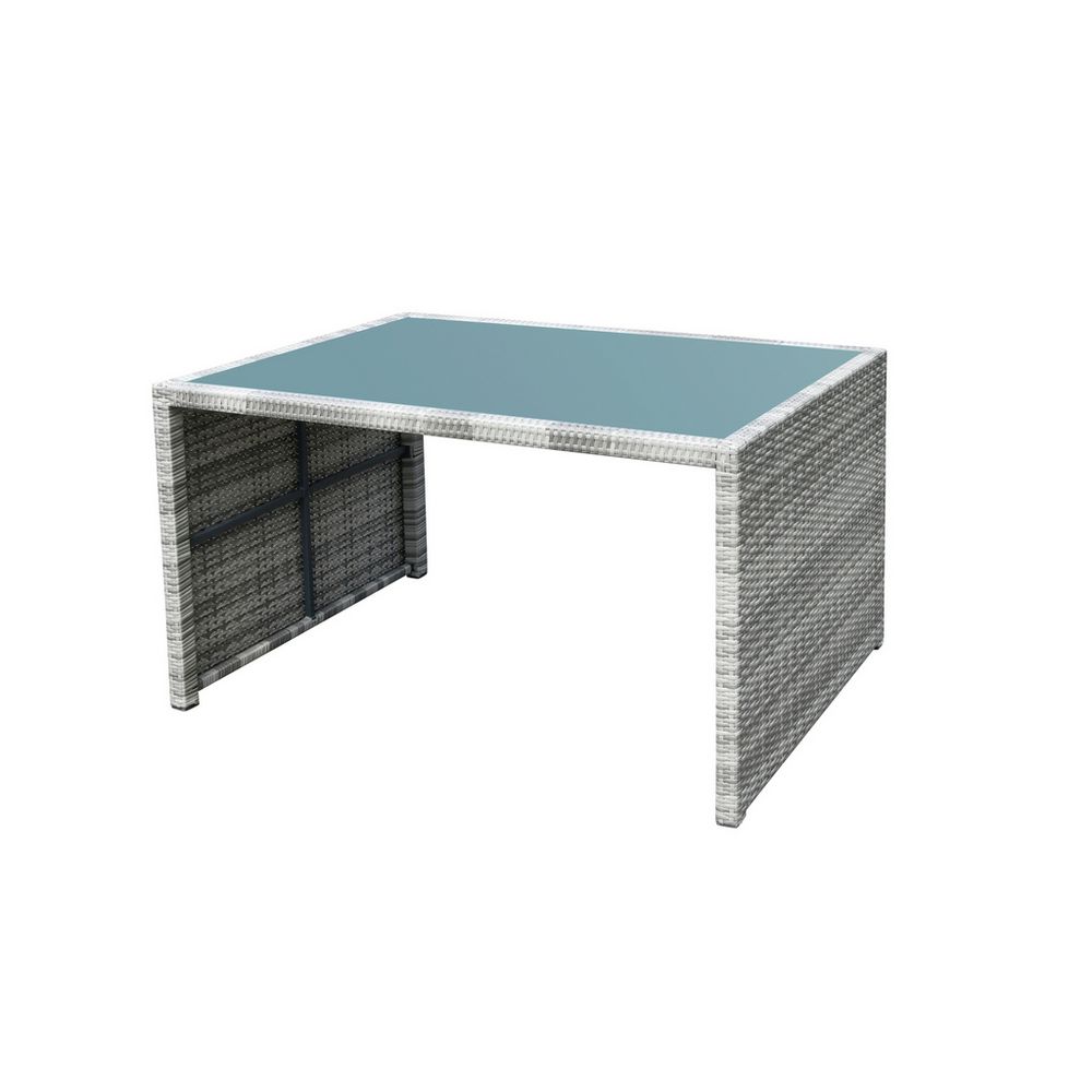 Grey wicker outdoor table with blue glass top, perfect for patio or garden furniture sets
