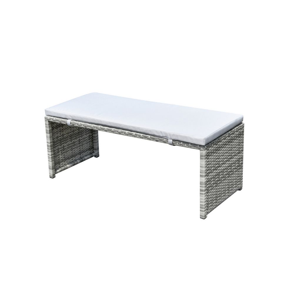 Grey wicker outdoor bench with white cushion, perfect for patio or garden seating
