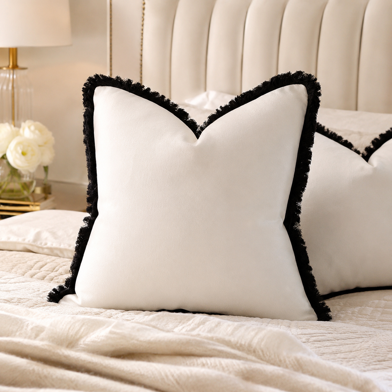 White luxury pillow with black fringe on cream bed, elegant bedroom decor