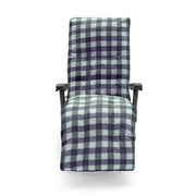 Plaid recliner chair with navy and light blue checkered fabric, black frame, for living room comfort