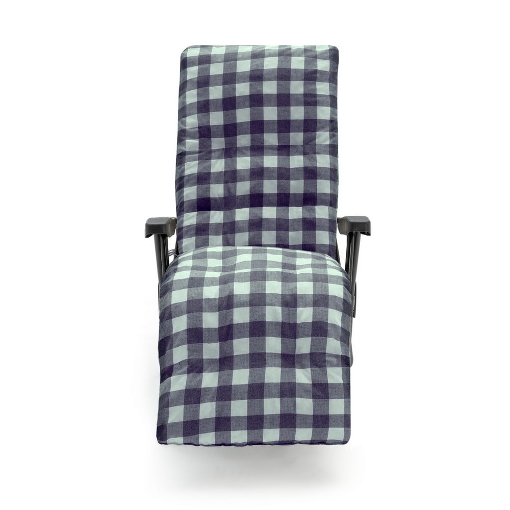 Plaid recliner chair with navy and light blue checkered fabric, black frame, for living room comfort
