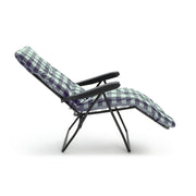 Purple and white checkered outdoor lounge chair with black metal frame