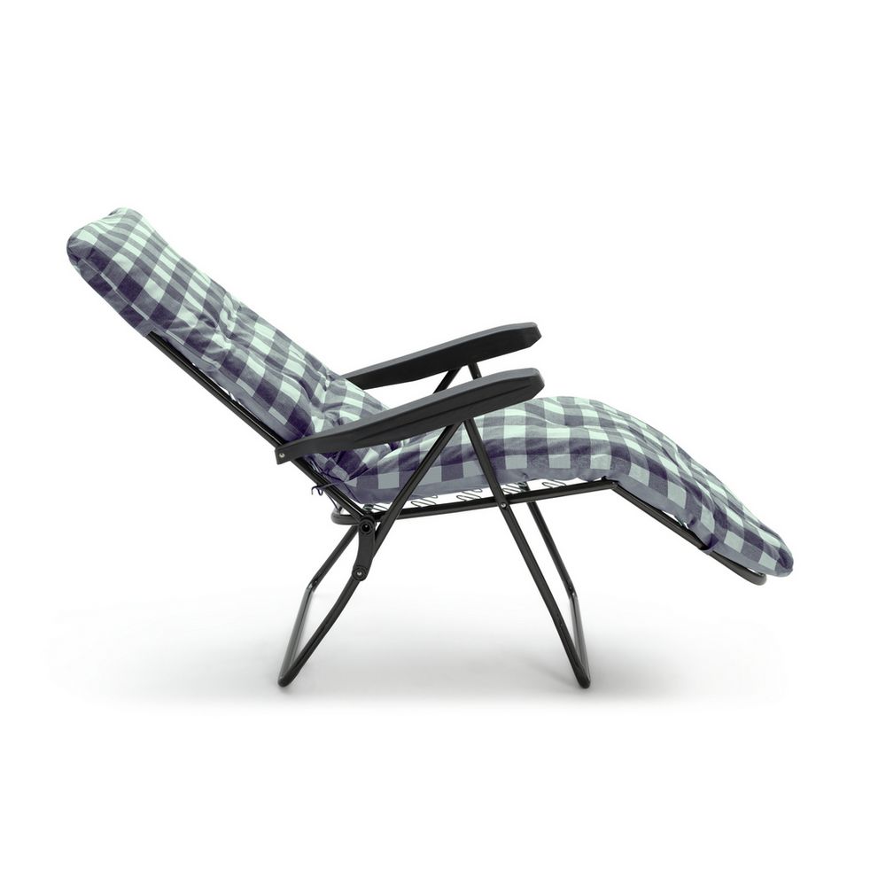 Purple and white checkered outdoor lounge chair with black metal frame