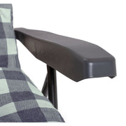 Grey armrest on checkered fabric sofa, modern luxury living room furniture detail