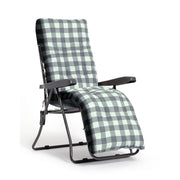 Plaid recliner chair with black frame and green-white checkered fabric, ideal for living room relaxation.