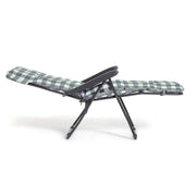Foldable lounge chair with gray and white checkered cushion, ideal for patio or garden relaxation.