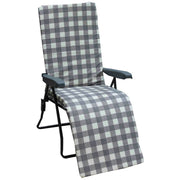 Gray and white checkered recliner chair with padded armrests and metal frame