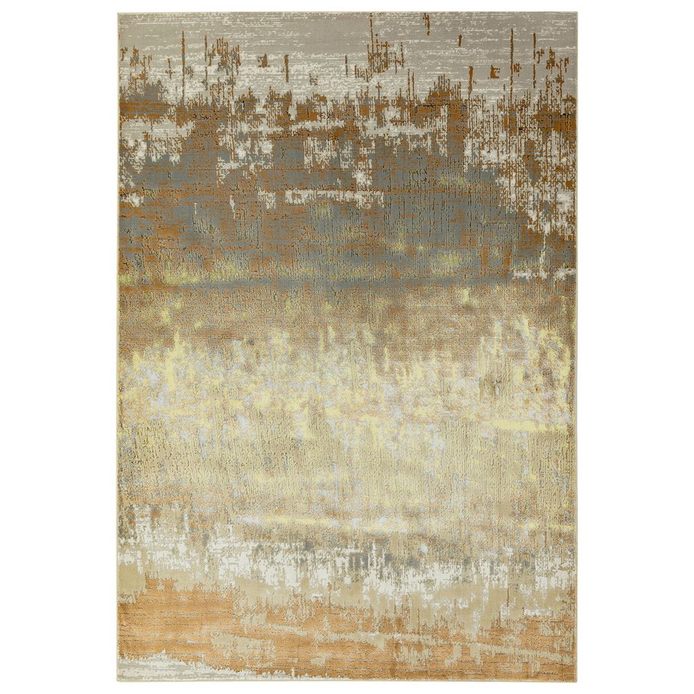 Abstract area rug with beige, gold, and gray textured pattern for modern living room decor