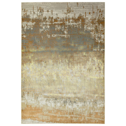 Abstract area rug with beige, gold, and gray textured pattern for modern living room decor