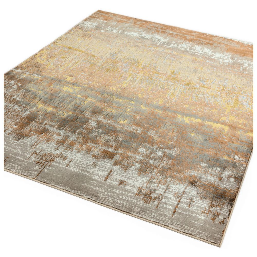 Abstract area rug with distressed beige, gold, and gray tones for modern living spaces
