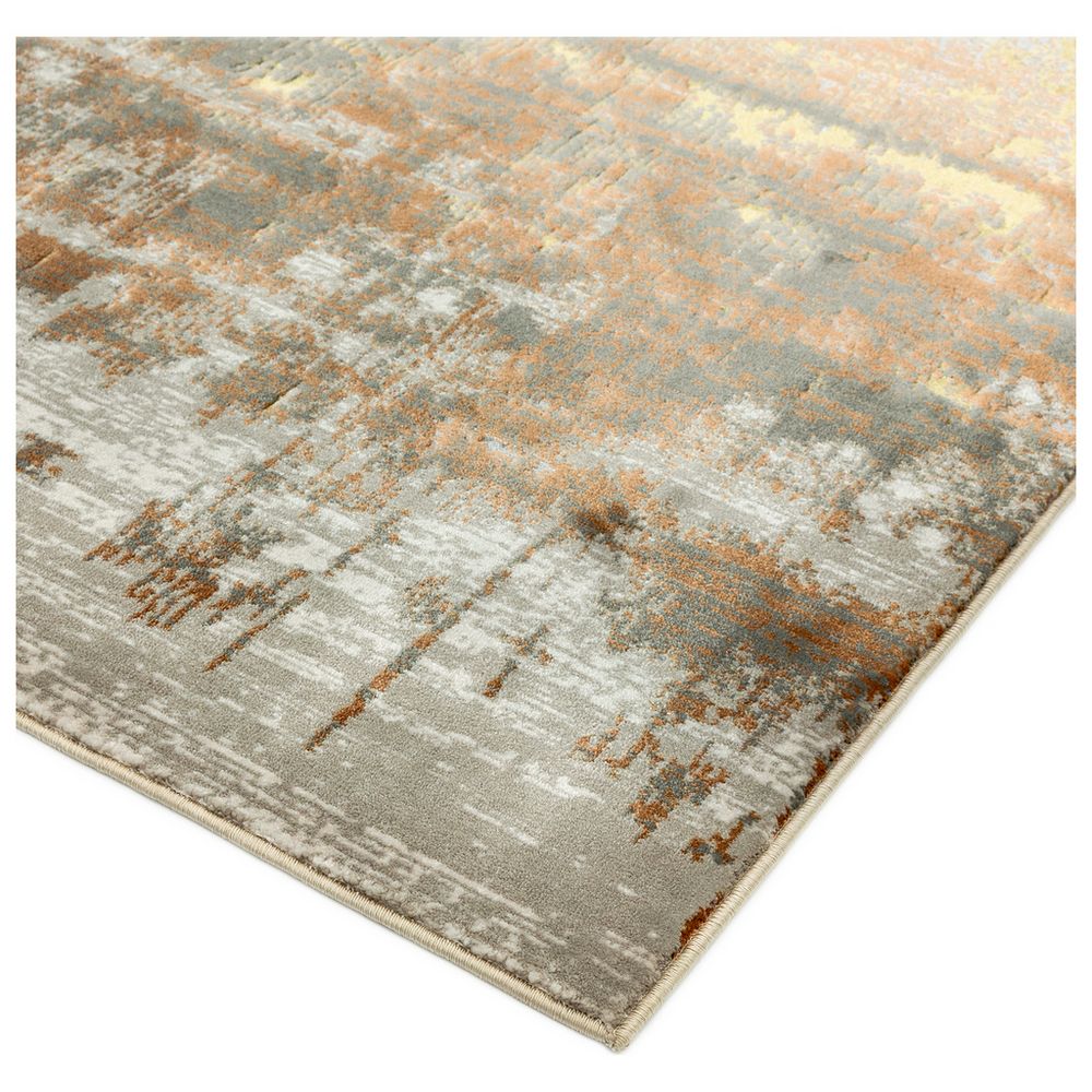 Modern abstract area rug with gray, beige, and rust tones, soft texture, and fringed edge for living room decor