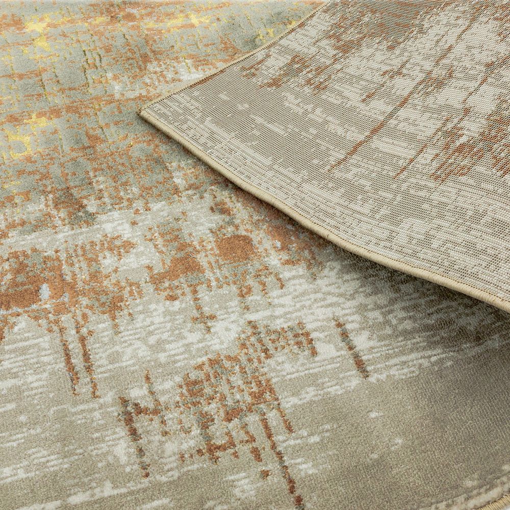 Luxury area rug with abstract pattern in beige, rust, and gold tones, ideal for modern living spaces