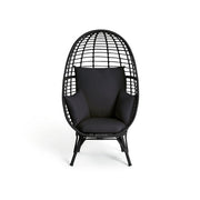Black wicker egg chair with cushioned seat and back, modern lounge furniture