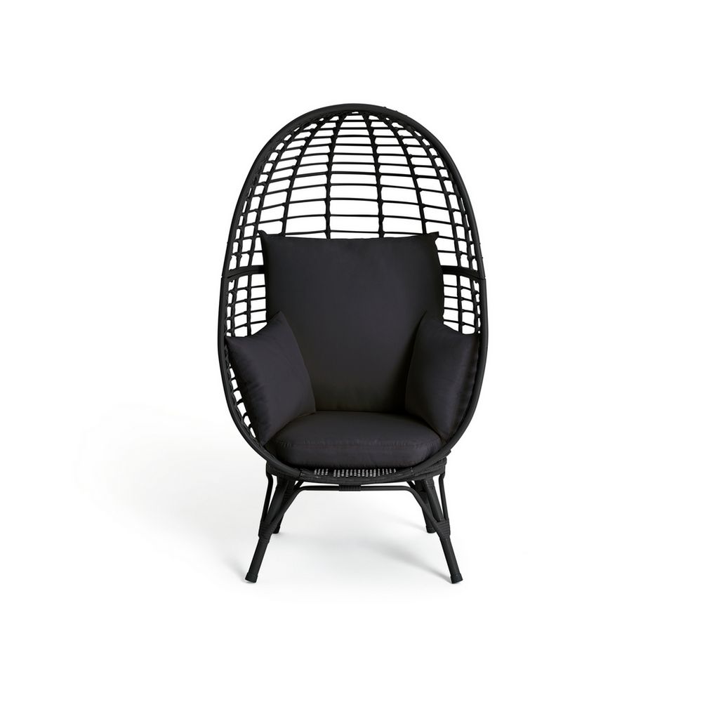 Black wicker egg chair with cushioned seat and back, modern lounge furniture