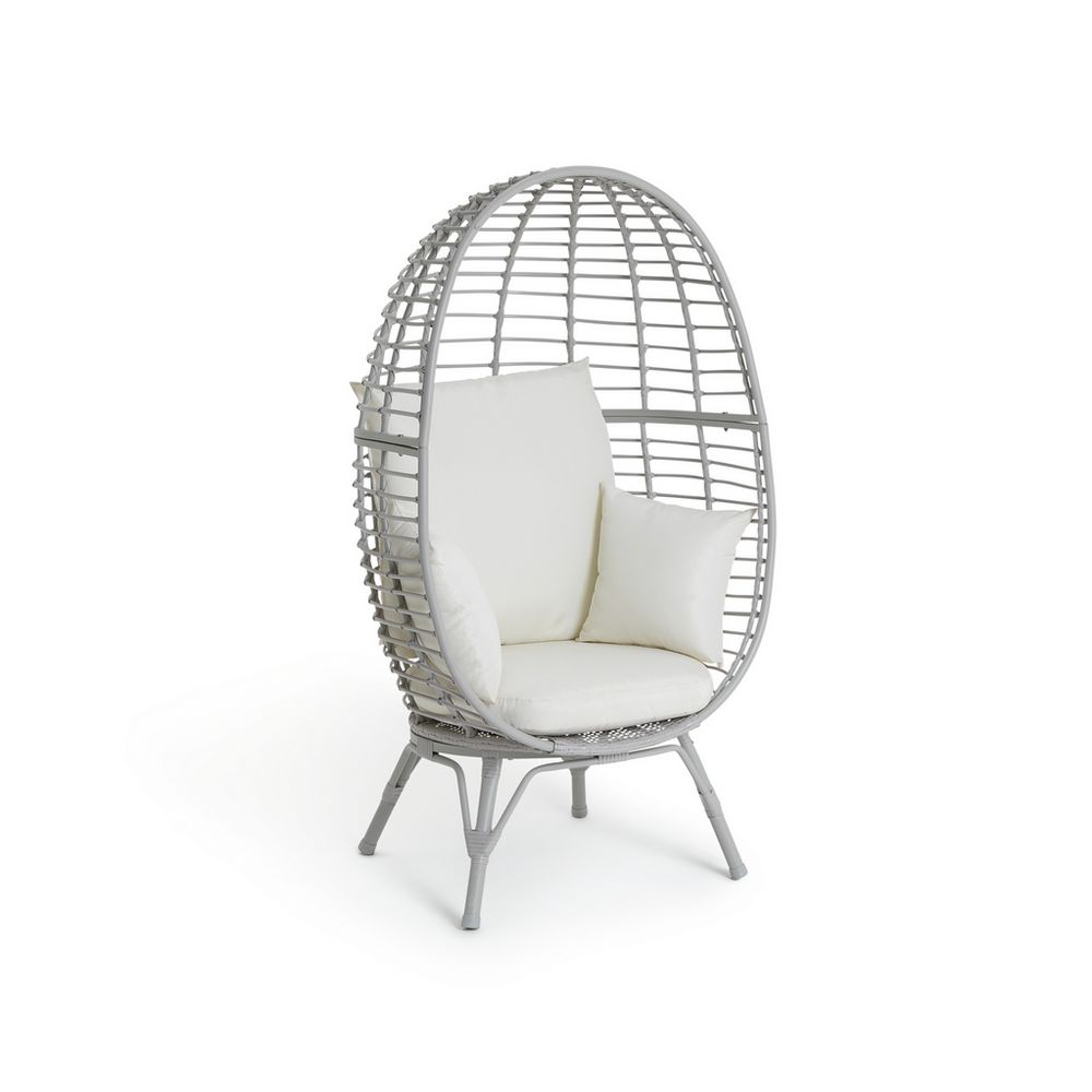 Gray wicker egg chair with white cushions, modern lounge seating for living room or patio