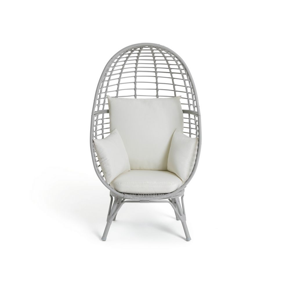 Gray wicker egg chair with cream cushions, modern lounge seating for living room or patio