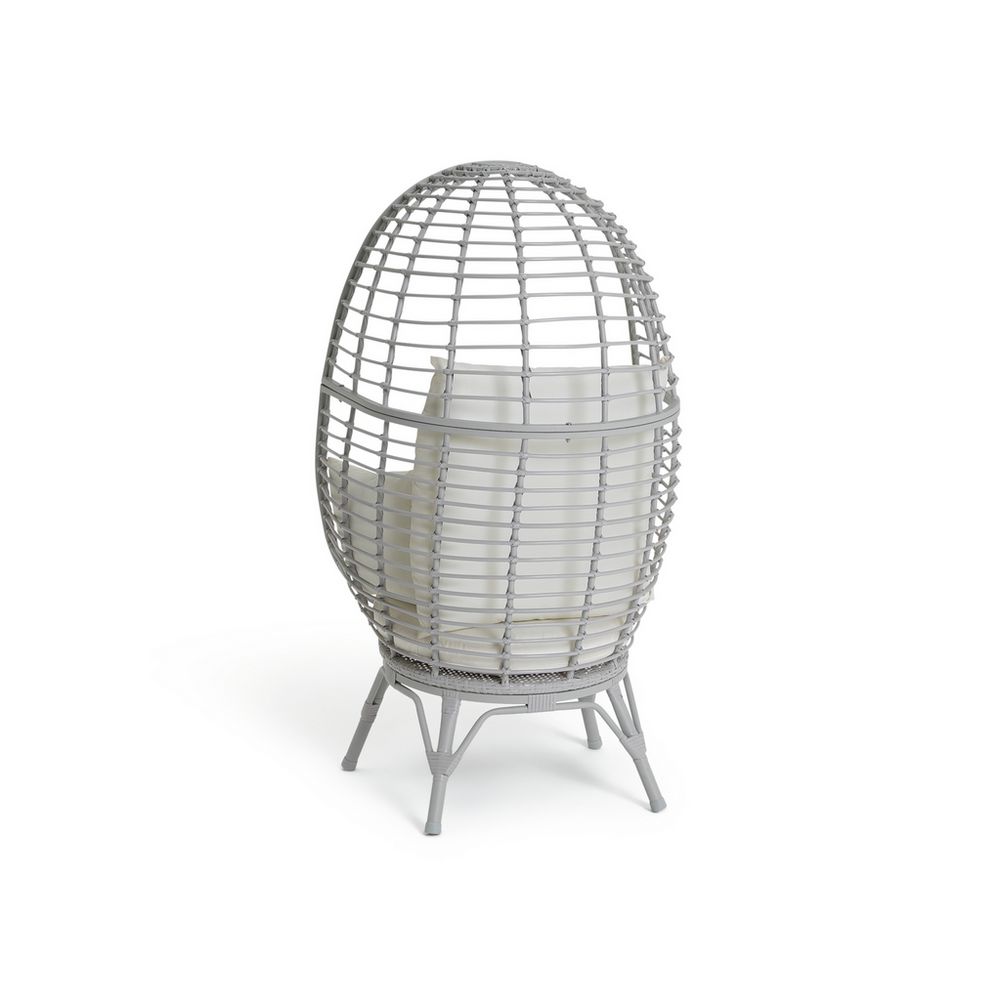 Grey egg-shaped wicker chair with white cushion, modern luxury living room furniture