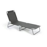 Black fabric folding sun lounger with metal frame, ideal for garden or patio relaxation