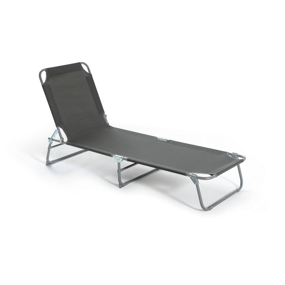 Black fabric folding sun lounger with metal frame, ideal for garden or patio relaxation