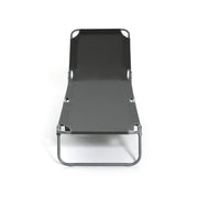 Black portable folding lounge chair with metal frame, ideal for outdoor relaxation or guest seating