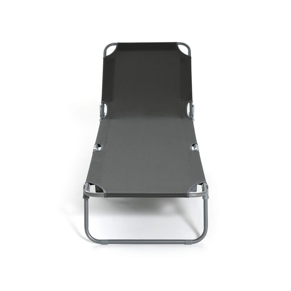 Black portable folding lounge chair with metal frame, ideal for outdoor relaxation or guest seating