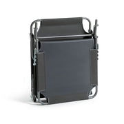 Compact grey folding camping chair with metal frame and carry handles