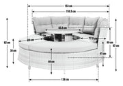 Round wicker patio sofa with built-in table, dimensions shown for outdoor furniture setup