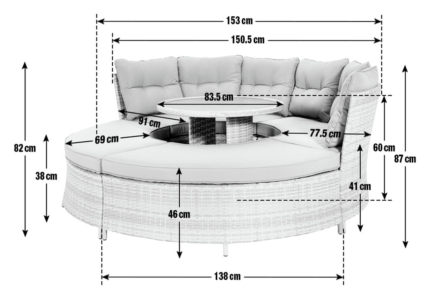 Round wicker patio sofa with built-in table, dimensions shown for outdoor furniture setup