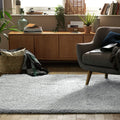 Soft gray shaggy rug in cozy living room with armchair, wooden sideboard, and plants