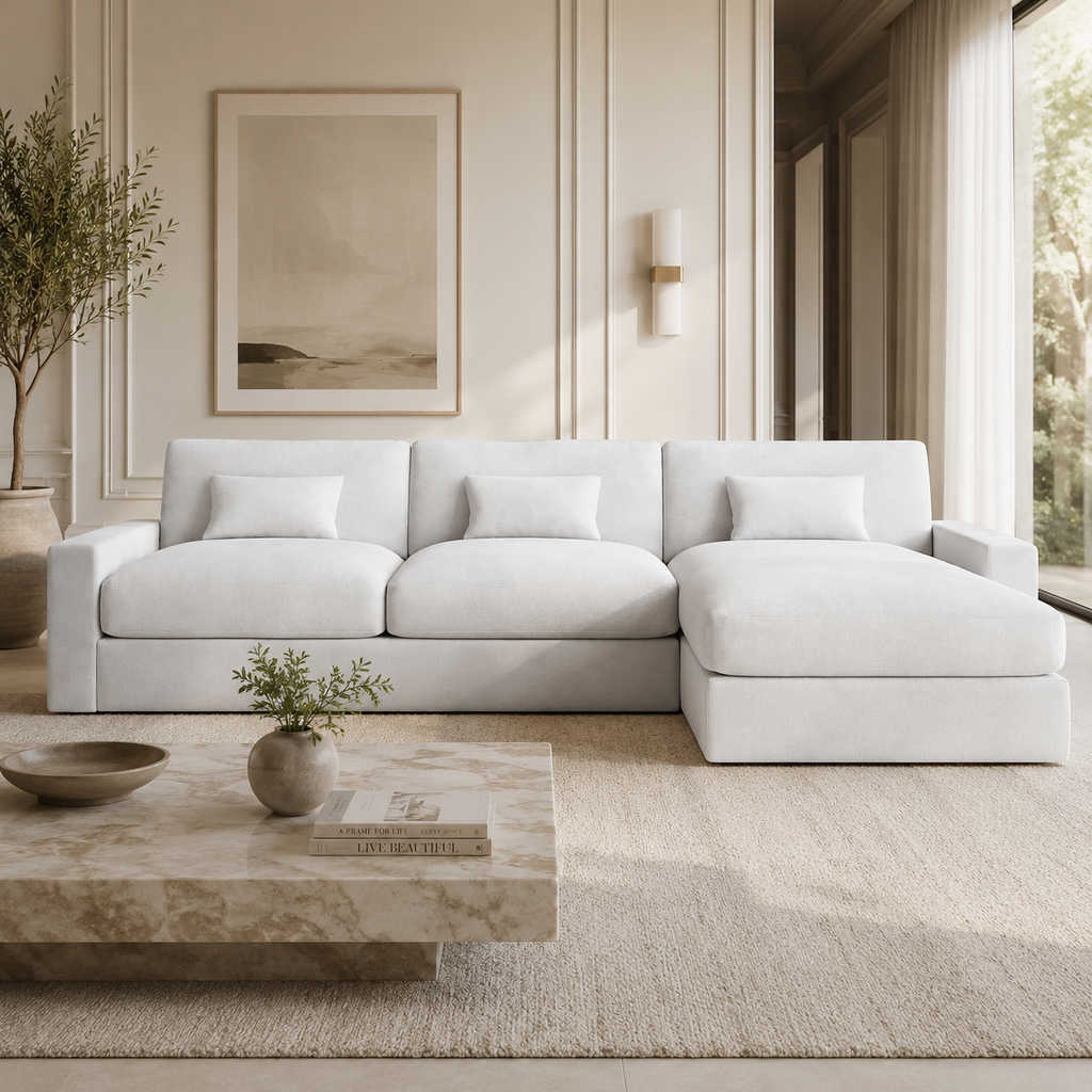 Luxury white sectional sofa with chaise in modern living room, perfect for UK homes