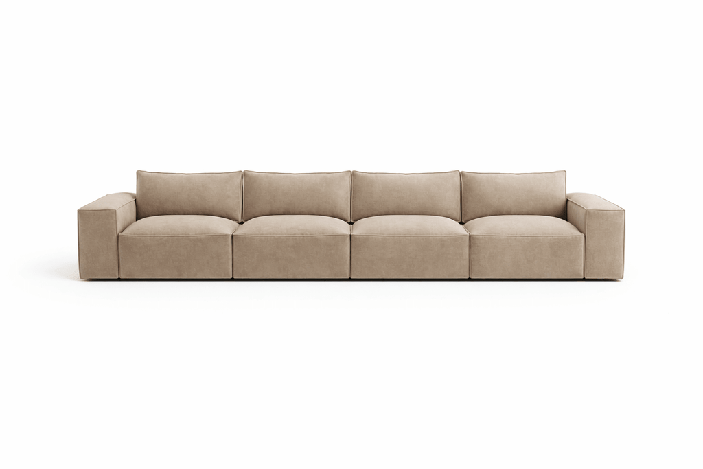 Modern beige four-seater sofa with plush cushions and wide arms on a white background