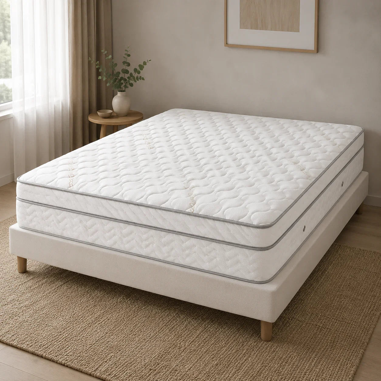 Luxury white quilted mattress on modern bed frame in cozy bedroom setting