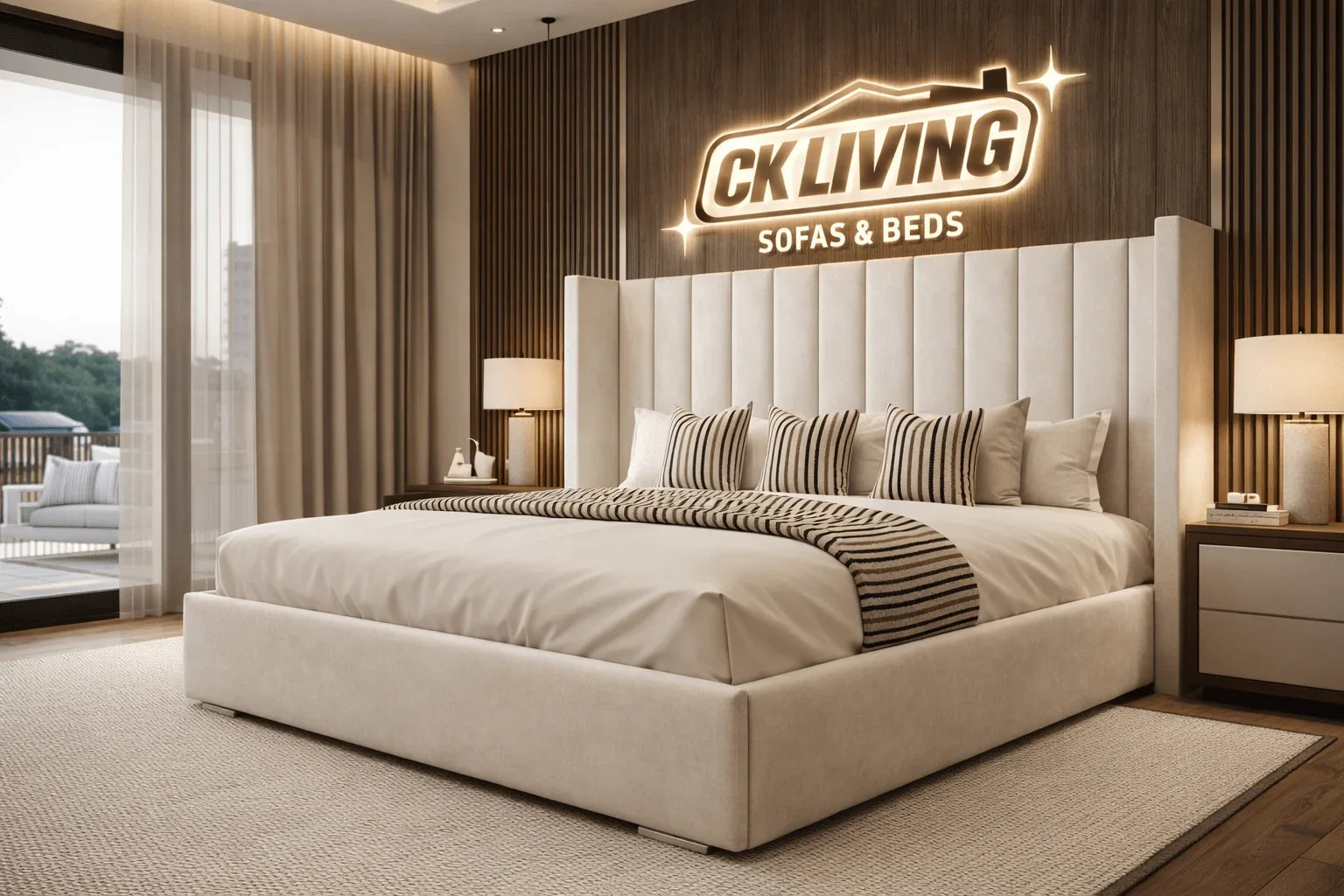 Luxury beige upholstered bed with striped pillows in modern bedroom, CK Living Sofas & Beds sign illuminated