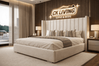 Luxury upholstered bed with striped pillows in a modern bedroom with wood accents and large windows.
