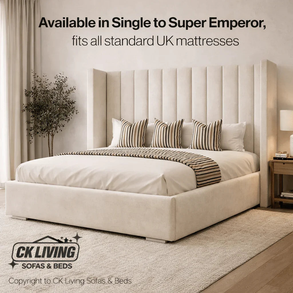 Luxury upholstered bed frame with tufted headboard, fits UK mattresses, modern bedroom decor