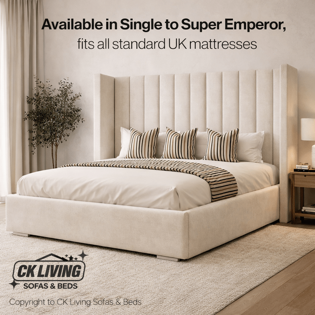 Modern luxury upholstered bed with tall headboard, striped pillows, and neutral bedroom decor.
