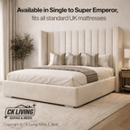 Modern luxury upholstered bed with tall headboard, striped pillows, and neutral bedroom decor.
