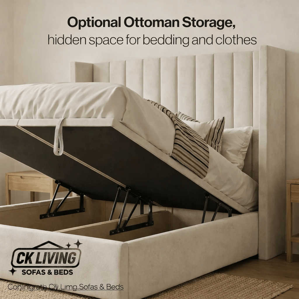 Beige ottoman bed with lifted storage base and plush headboard in modern bedroom.
