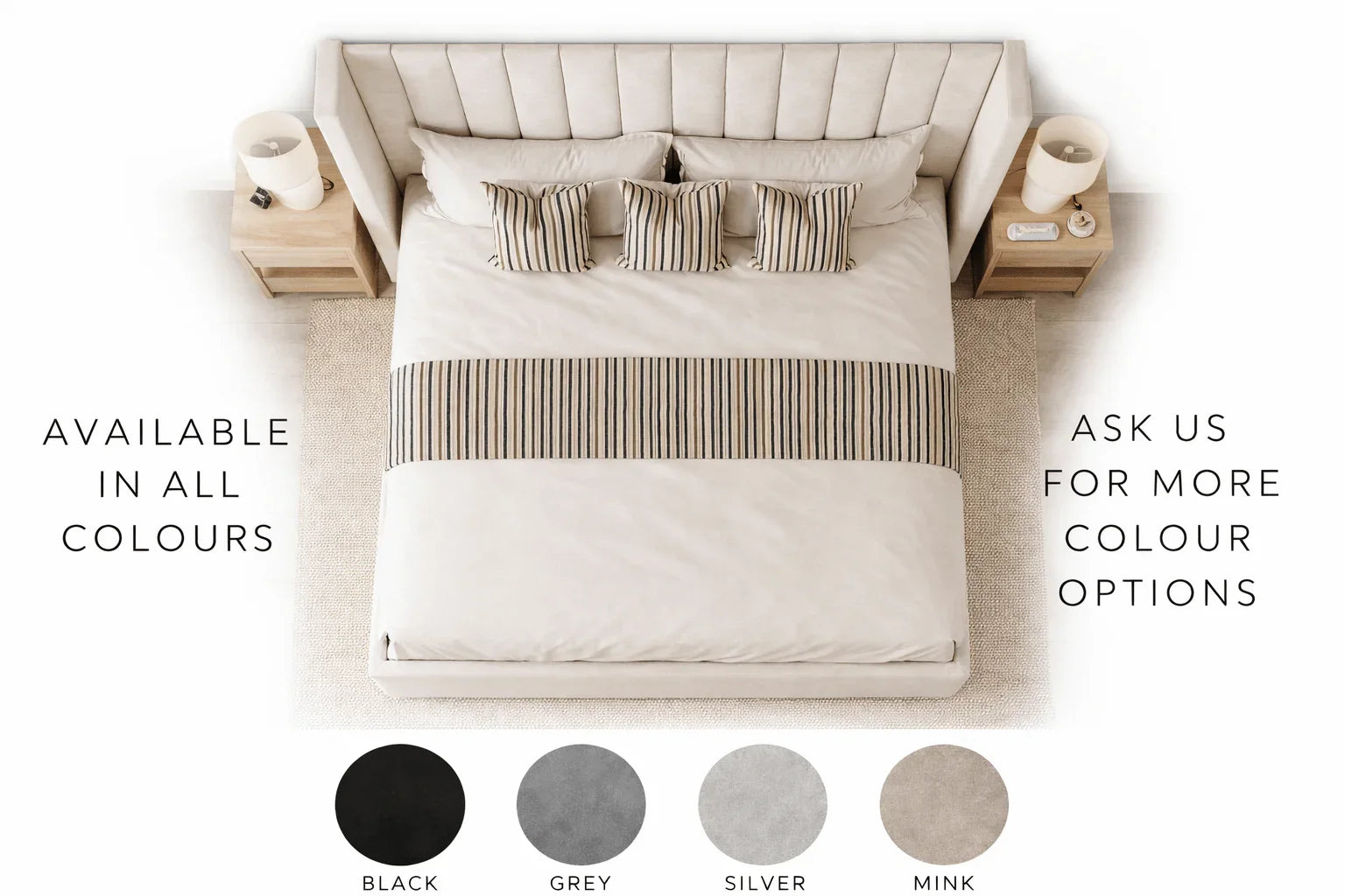Luxury upholstered bed with striped bedding, available in black, grey, silver, mink — perfect for modern bedrooms