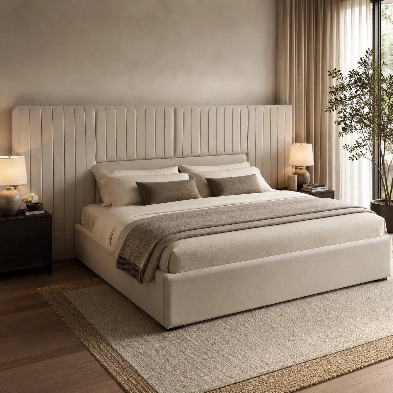 Luxury upholstered bed with tufted headboard, neutral bedding, and bedside lamps in modern bedroom