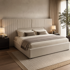 Luxury upholstered bed with tufted headboard in modern bedroom, neutral tones, cozy bedding