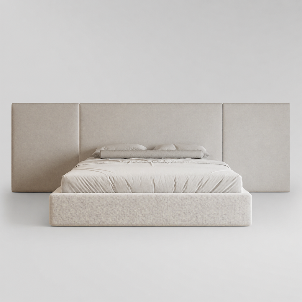 Modern luxury upholstered bed with segmented headboard, neutral tones, minimalist design for contemporary bedrooms