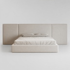 Modern luxury upholstered bed with segmented headboard, neutral tones, minimalist design for contemporary bedrooms